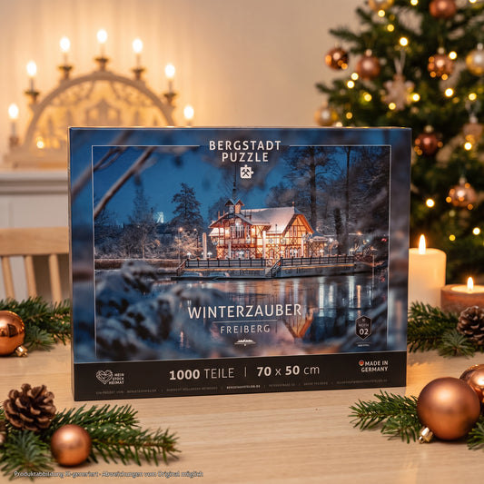 Bergstadt-Puzzle Motiv 02 – Puzzleschachtel im Querformat, weihnachtliche Stimmung