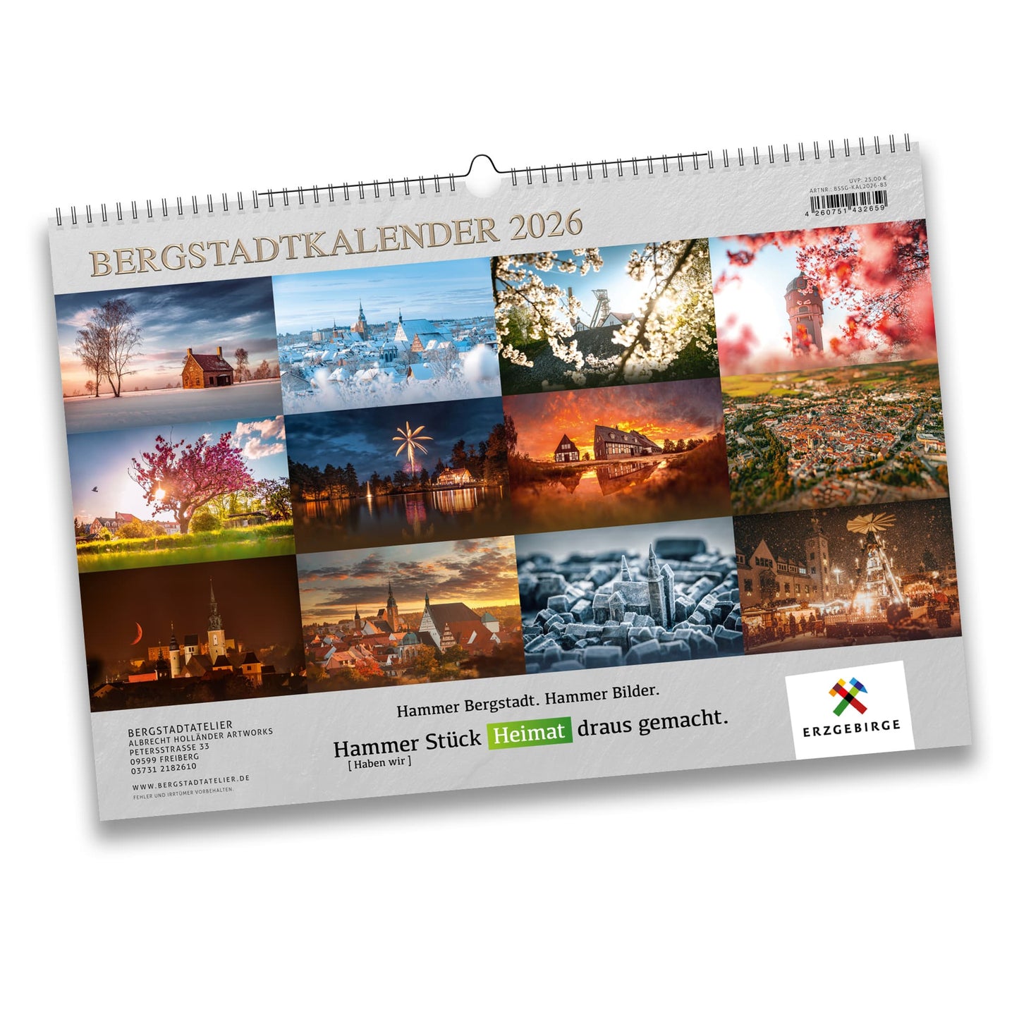 Rückseite des Bergstadtkalenders 2026 mit Übersicht aller Monatsmotive. Die zwölf Bilder sind als Collage angeordnet und können als Mini-Postkarten ausgeschnitten und verschickt werden.