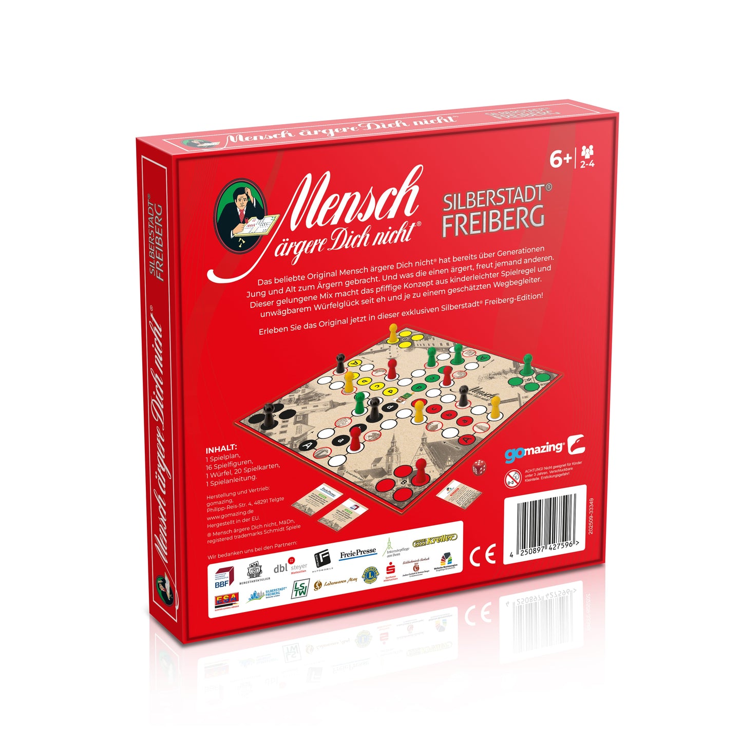Rückseite der Spielbox der Mensch ärgere Dich nicht – Silberstadt Freiberg Edition mit Spielbrett-Abbildung, Beschreibung der Sonderedition und Sponsorenlogos. Exklusive Städteversion 2025 mit Aktions- und Reaktionskarten.