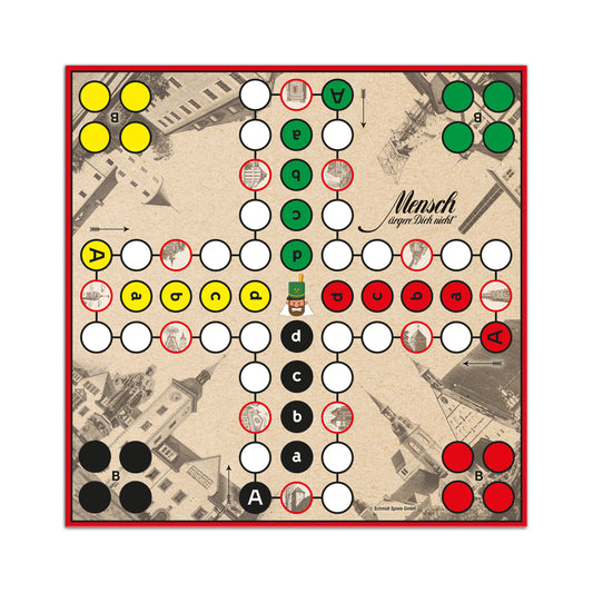 Detailansicht des Spielbretts der Mensch ärgere Dich nicht – Silberstadt Freiberg Edition mit historischen Freiberg-Motiven und neuen Aktions- und Reaktionsfeldern. Regionale Sonderauflage des Spieleklassikers.