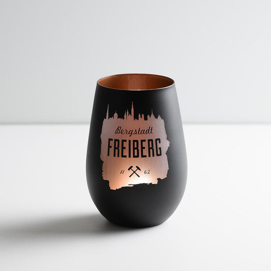 Windlicht Freiberg Silhouette in Schwarz-Bronze - Satiniertes Glas mit Bergstadt-Skyline