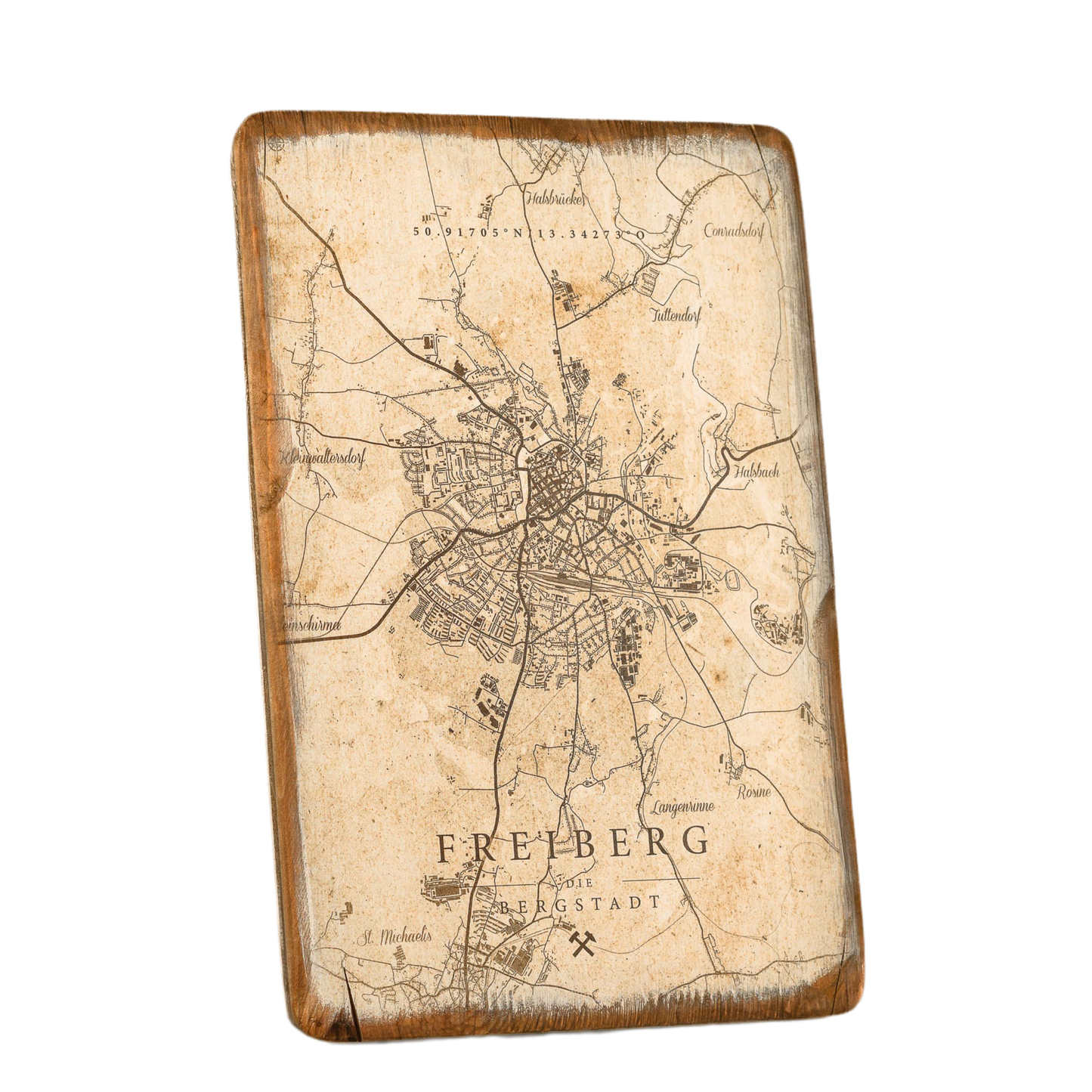 Wandbild „Freiberg die Bergstadt“ auf Vintage-Holz. Zeigt eine historische Landkarte von Freiberg, direkt auf Echtholzplatte im UV-Druck gefertigt, mit rustikalem, abgerundetem Rand und typischen Maserungen, Rissen und Astlöchern für authentischen Vintage-Charakter.