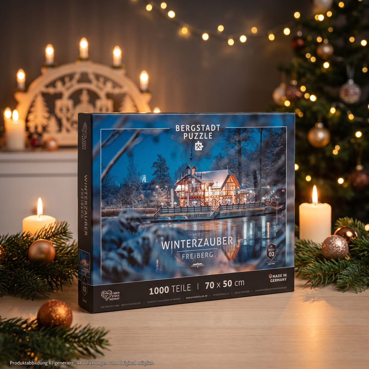 Bergstadt-Puzzle Motiv 02 Schwanenschlösschen – Puzzleschachtel im weihnachtlichen Wohnzimmer