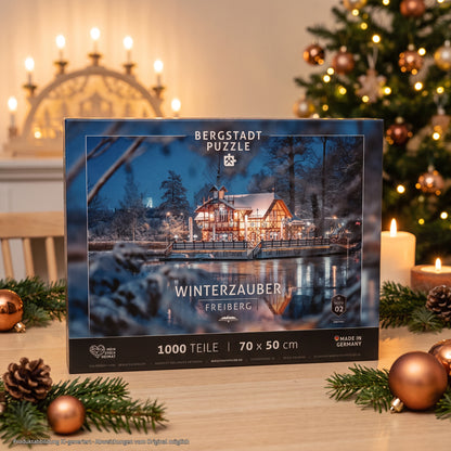 Bergstadt-Puzzle Motiv 02 – Puzzleschachtel im Querformat, weihnachtliche Stimmung