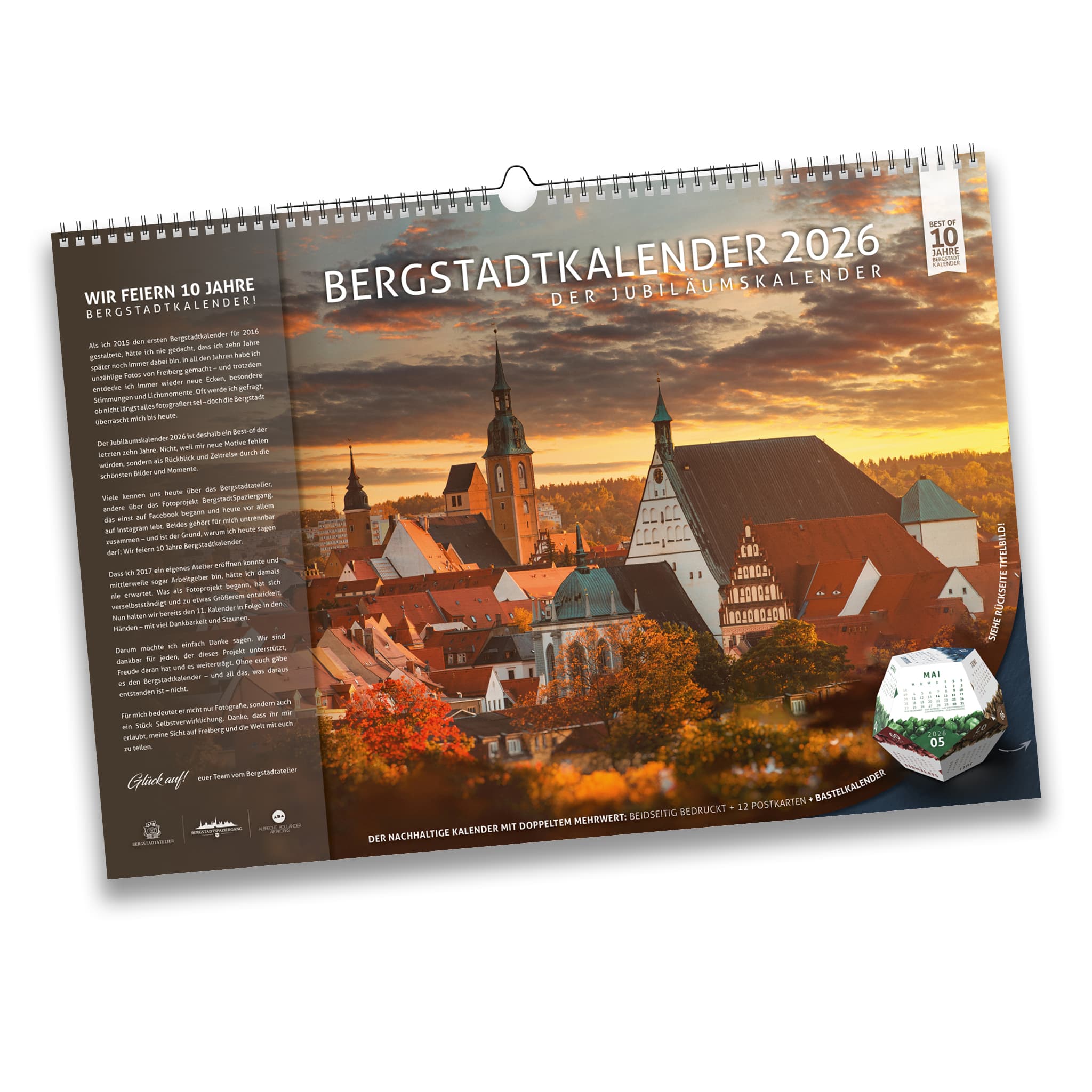 Bergstadtkalender 2026 B3 Jubiläumskalender – Titelbild mit Freiberg-Panorama, 10 Jahre Jubiläumshinweis und integriertem Bastelkalender
