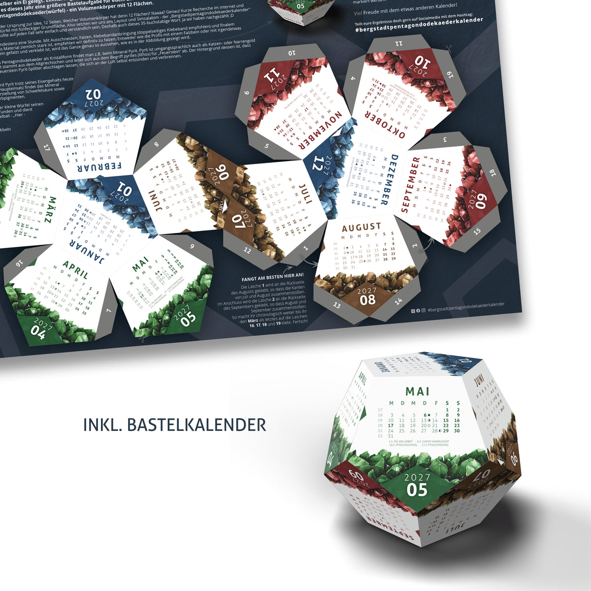 Rückseite des Titelblatts mit Bastelanleitung für den Bergstadt-Pentagondodekaederkalender 2027 zum Ausschneiden und Falten.