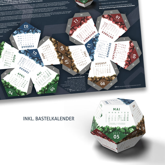 Rückseite des Titelblatts mit Bastelanleitung für den Bergstadt-Pentagondodekaederkalender 2027 zum Ausschneiden und Falten.