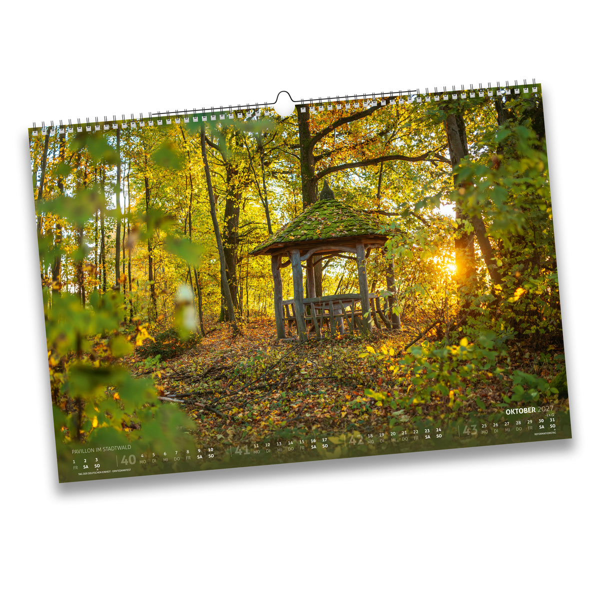 Kalenderblatt Oktober 2027: Moosbedeckter Pavillon im Freiberger Stadtwald, umgeben von herbstlich gefärbtem Laub im Gegenlicht.