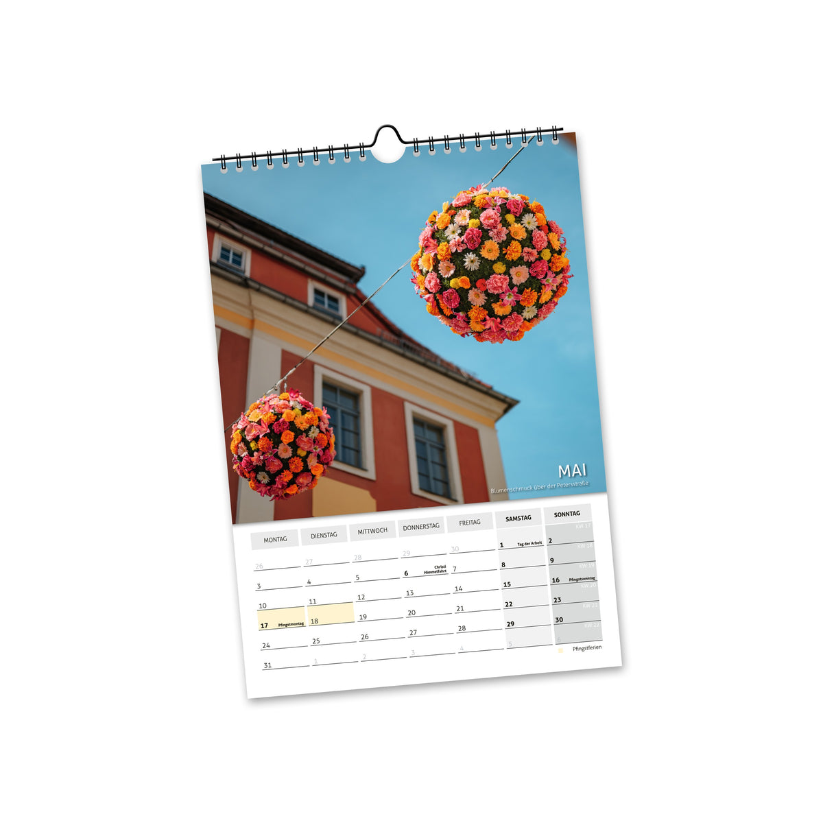 Mai 2027: bunte hängende Blumenkugeln vor einer Freiberger Hausfassade unter blauem Himmel.