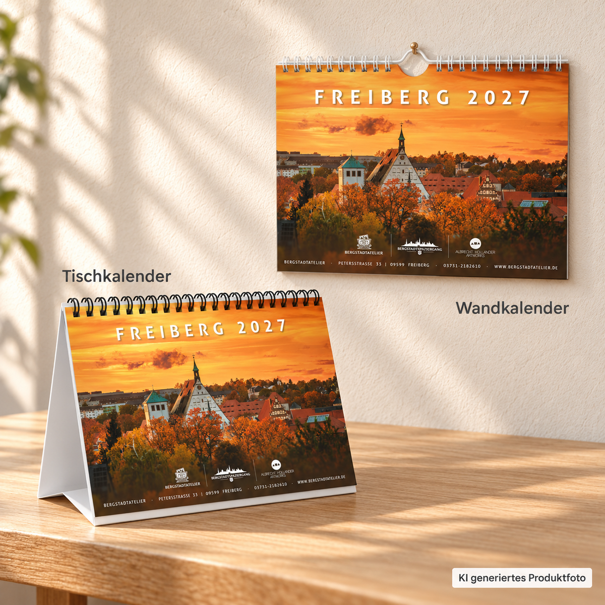 Freiberg 2027 im DIN A5 Querformat: Tischkalender mit weißem Standfuß links und Wandkalender mit Aufhängung rechts, jeweils beschriftet. KI generiertes Produktfoto.