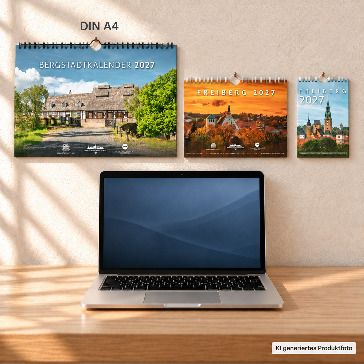 Größenvergleich der Wandkalender Freiberg 2027 über einem MacBook: DIN A4 quer links mit Beschriftung, DIN A5 quer mittig und DIN A6 hoch rechts. KI generiertes Produktfoto.