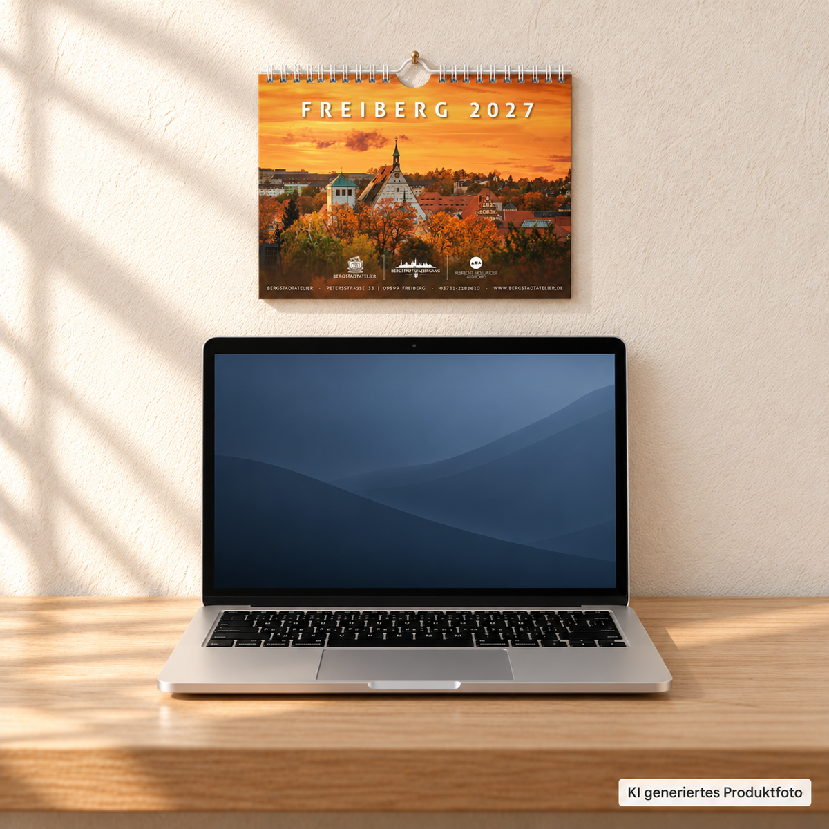 Bergstadtkalender Freiberg 2027 im DIN A5 Querformat als Wandkalender über einem MacBook. KI generiertes Produktfoto.