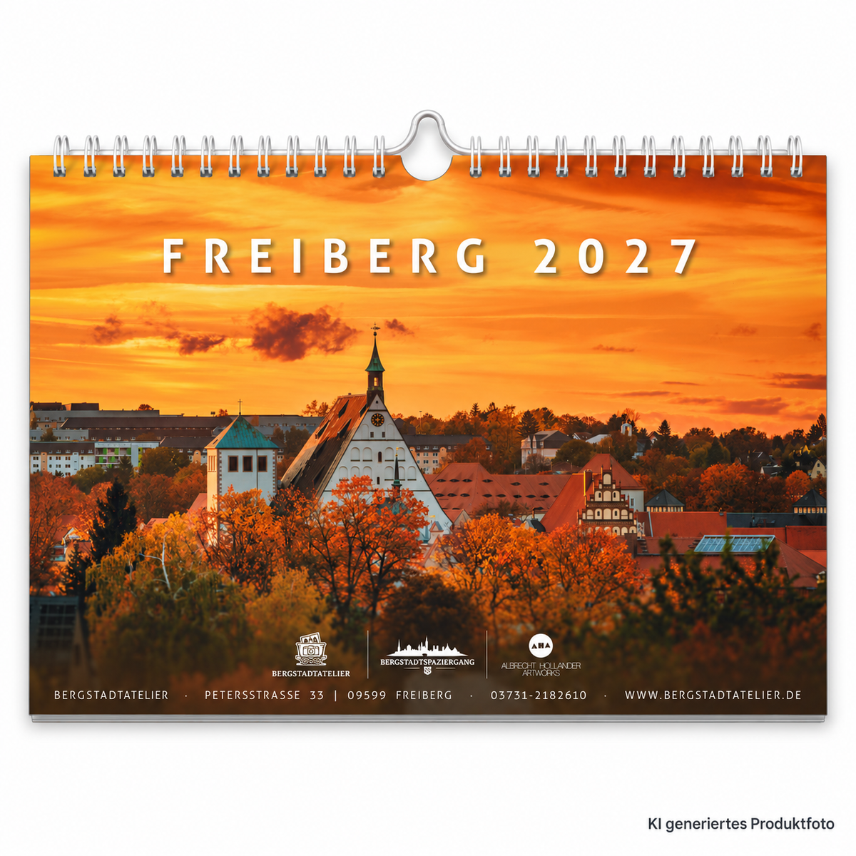 Bergstadtkalender Freiberg 2027 DIN A5 Querformat, freigestellt auf weißem Hintergrund mit Wire-O-Bindung und Wandaufhängung. KI generiertes Produktfoto.