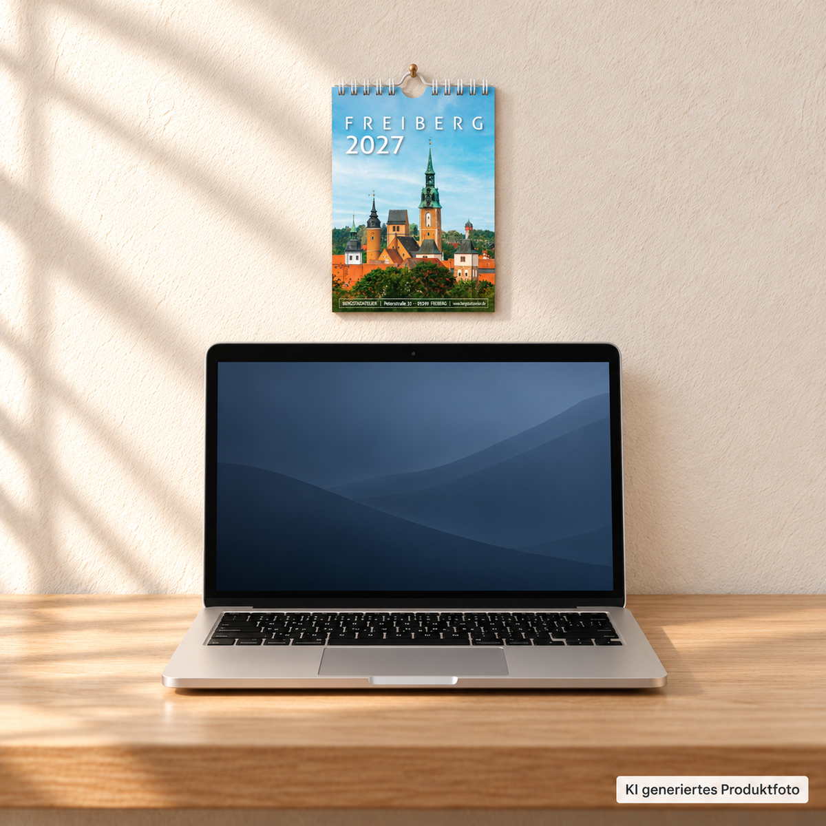 Bergstadtkalender Freiberg 2027 im DIN A6 Hochformat als Wandkalender über einem MacBook. KI generiertes Produktfoto.