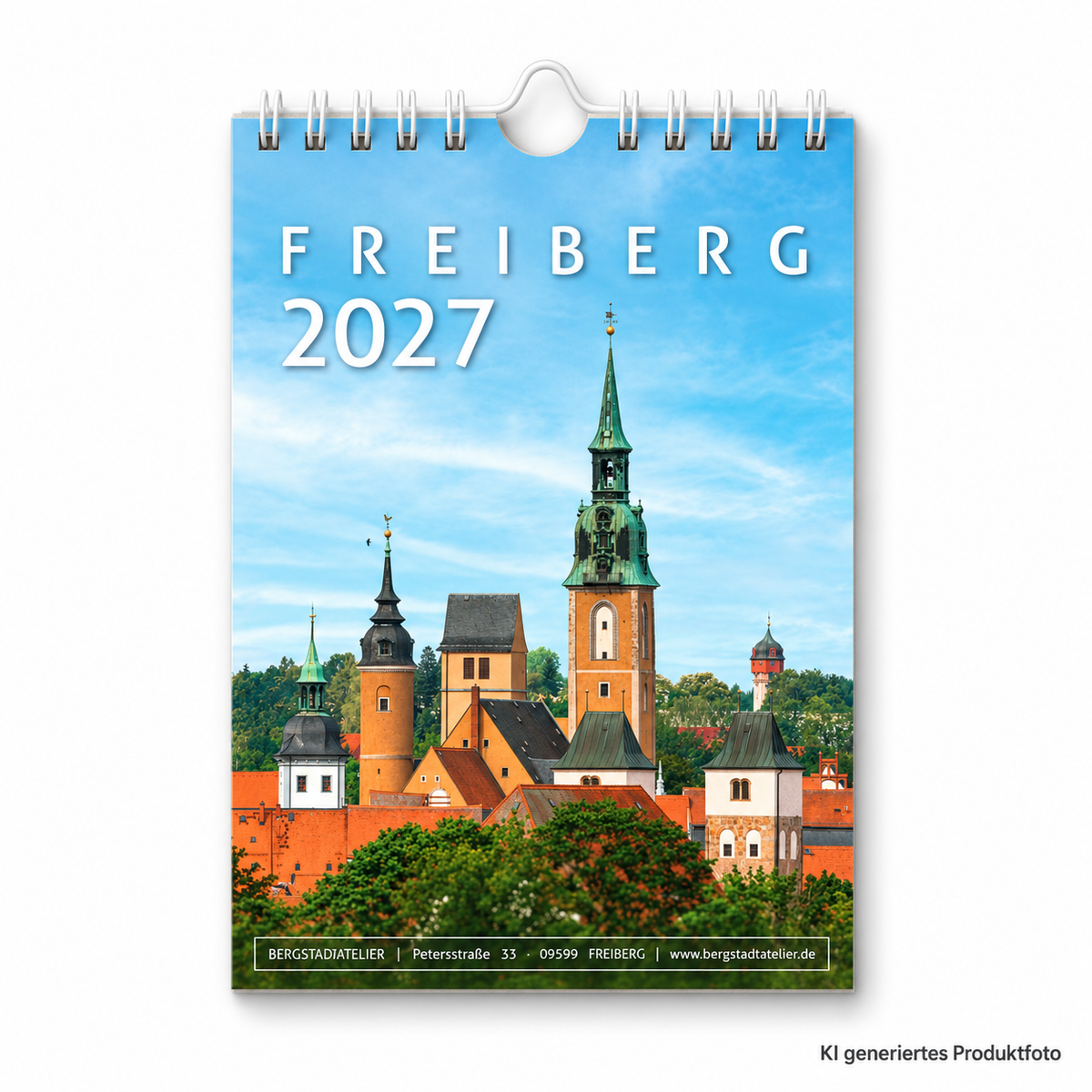 Bergstadtkalender Freiberg 2027 DIN A6 Hochformat, freigestellt auf weißem Hintergrund mit Wire-O-Bindung und Wandaufhängung. KI generiertes Produktfoto.