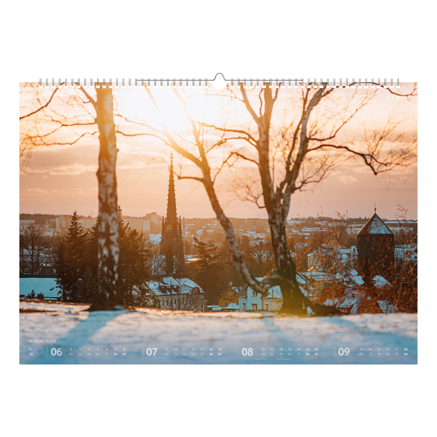 Winterlicher Blick von der Haldenkante über die verschneite Altstadt Freibergs mit Jakobikirche und Donatsturm im Abendlicht.