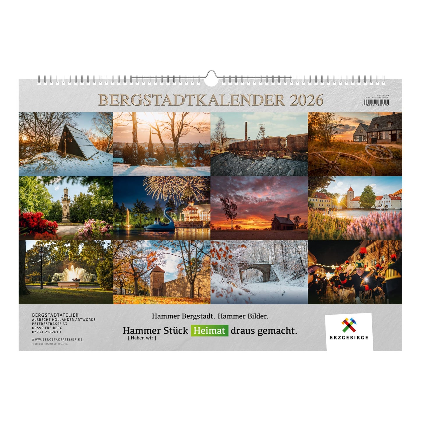 Rückseite des Bergstadtkalenders 2026 im Sonderformat mit allen zwölf Monatsmotiven aus Freiberg und Umgebung. Slogan: „Hammer Bergstadt. Hammer Bilder. Hammer Stück Heimat draus gemacht.“