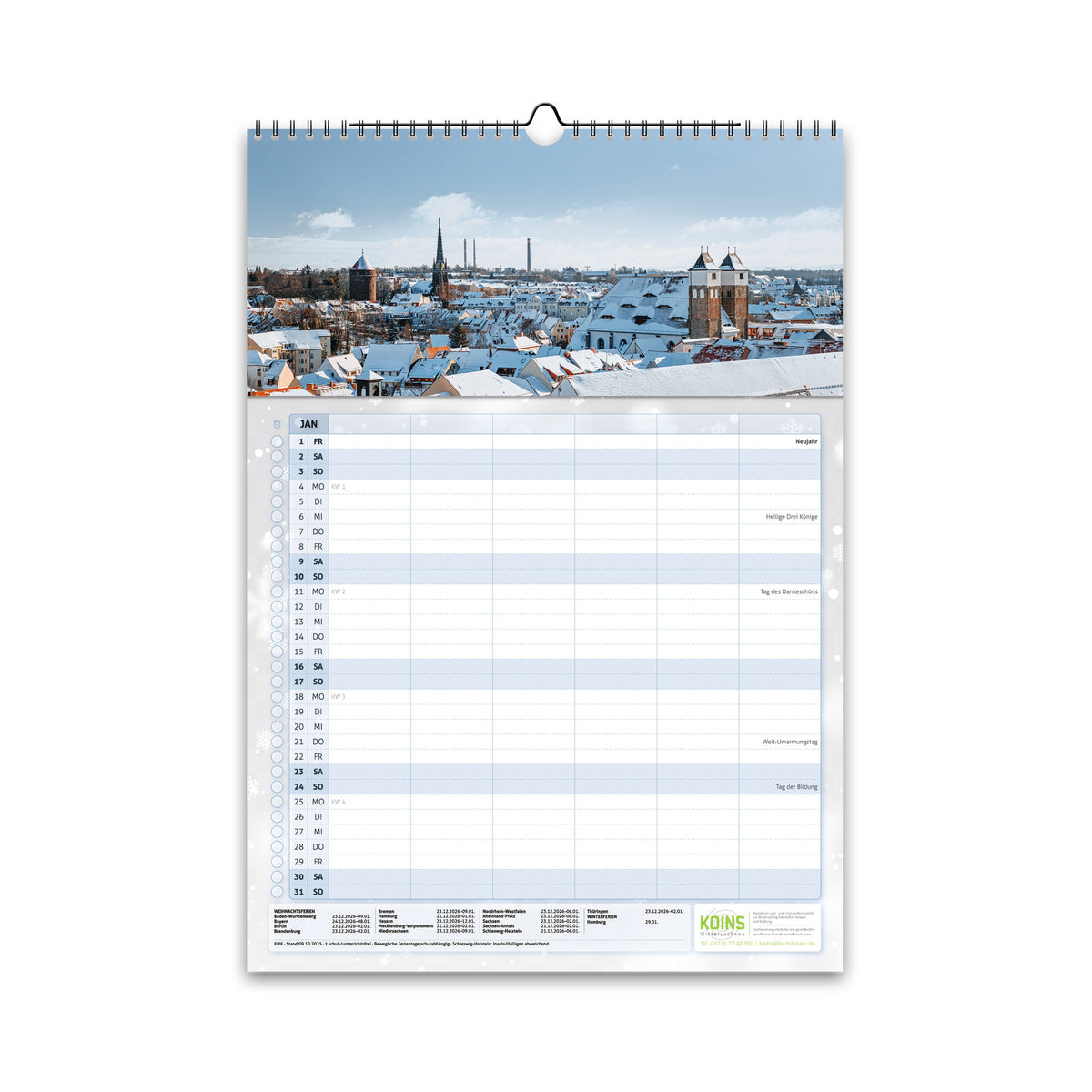 Familienplaner Freiberg 2027 im DIN A3 Hochformat – Januar mit winterlichem Blick über die Freiberger Altstadt mit Monatsübersicht und Terminspalten