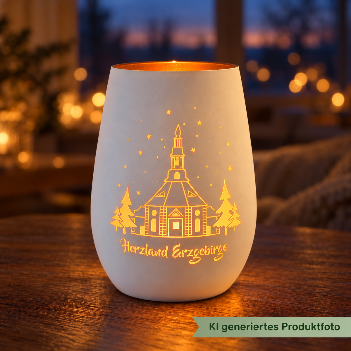 KI-generiertes Produktbild: Windlicht Herzland Erzgebirge in Weiß/Bronze, beleuchtete Ambienteansicht, mit salbeigrünem KI-Hinweis am Bildrand