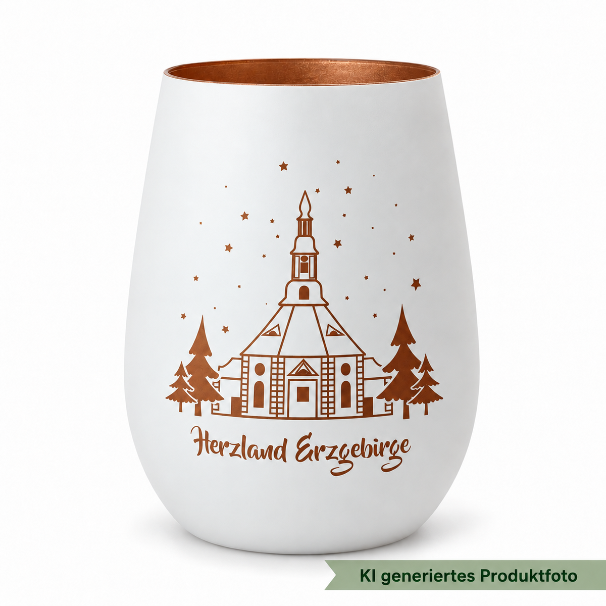 KI-generiertes Produktbild: Windlicht Herzland Erzgebirge in Weiß/Bronze, Studioansicht, mit salbeigrünem KI-Hinweis am Bildrand