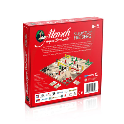 Rückseite der Spielbox der Mensch ärgere Dich nicht – Silberstadt Freiberg Edition mit Spielbrett-Abbildung, Beschreibung der Sonderedition und Sponsorenlogos. Exklusive Städteversion 2025 mit Aktions- und Reaktionskarten.