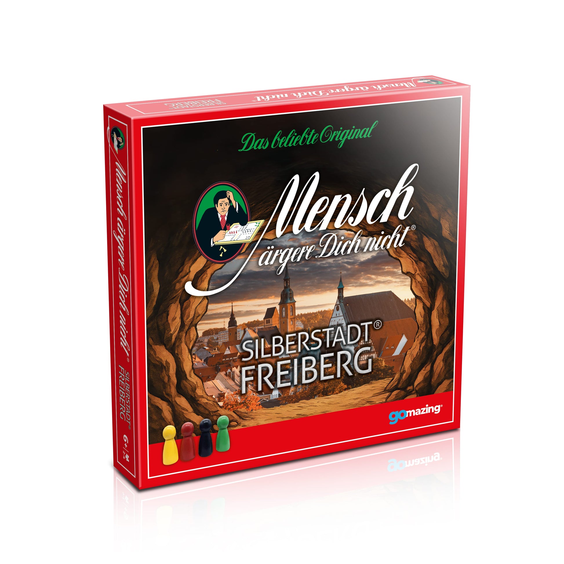 Spielverpackung der Sonderedition Mensch ärgere Dich nicht – Silberstadt Freiberg Edition mit Stadtmotiv und Bergbaukulisse. Gemeinschaftsprojekt von Schmidt Spiele, Lions Club Freiberg, Gomazing und dem Bergstadtatelier.