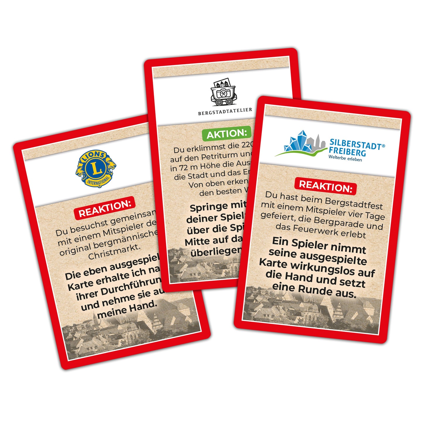 Nahaufnahme der exklusiven Aktions- und Reaktionskarten aus der Mensch ärgere Dich nicht – Silberstadt Freiberg Edition. Mit regionalen Bezügen zu Bergparade, Petrikirche und Bergstadtfest.