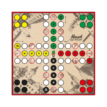 Detailansicht des Spielbretts der Mensch ärgere Dich nicht – Silberstadt Freiberg Edition mit historischen Freiberg-Motiven und neuen Aktions- und Reaktionsfeldern. Regionale Sonderauflage des Spieleklassikers.