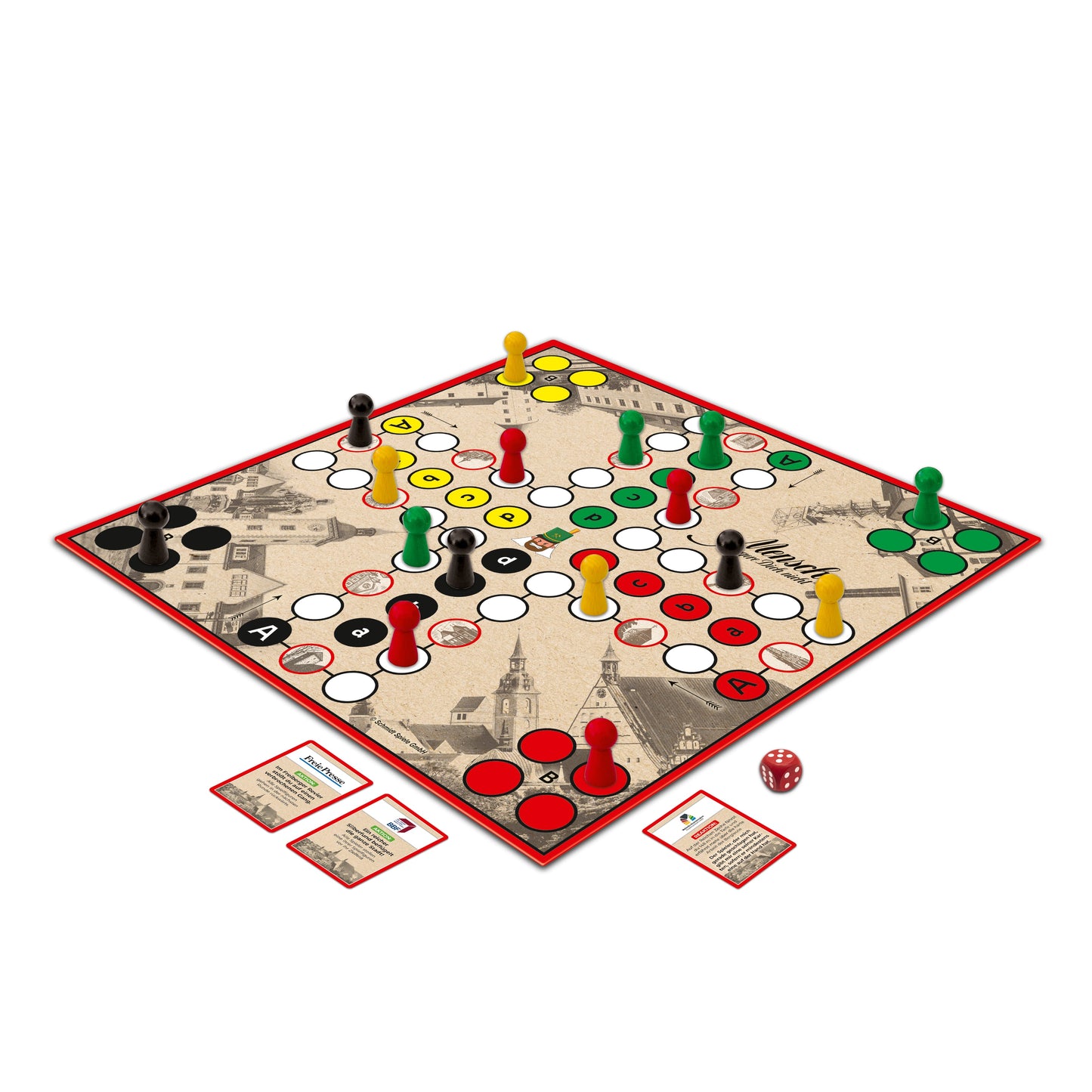 Aufgebautes Spiel der Mensch ärgere Dich nicht – Silberstadt Freiberg Edition mit Spielfiguren, Würfel und Aktionskarten. Neu interpretiertes Stadtspiel für Familien und Spielefreunde.