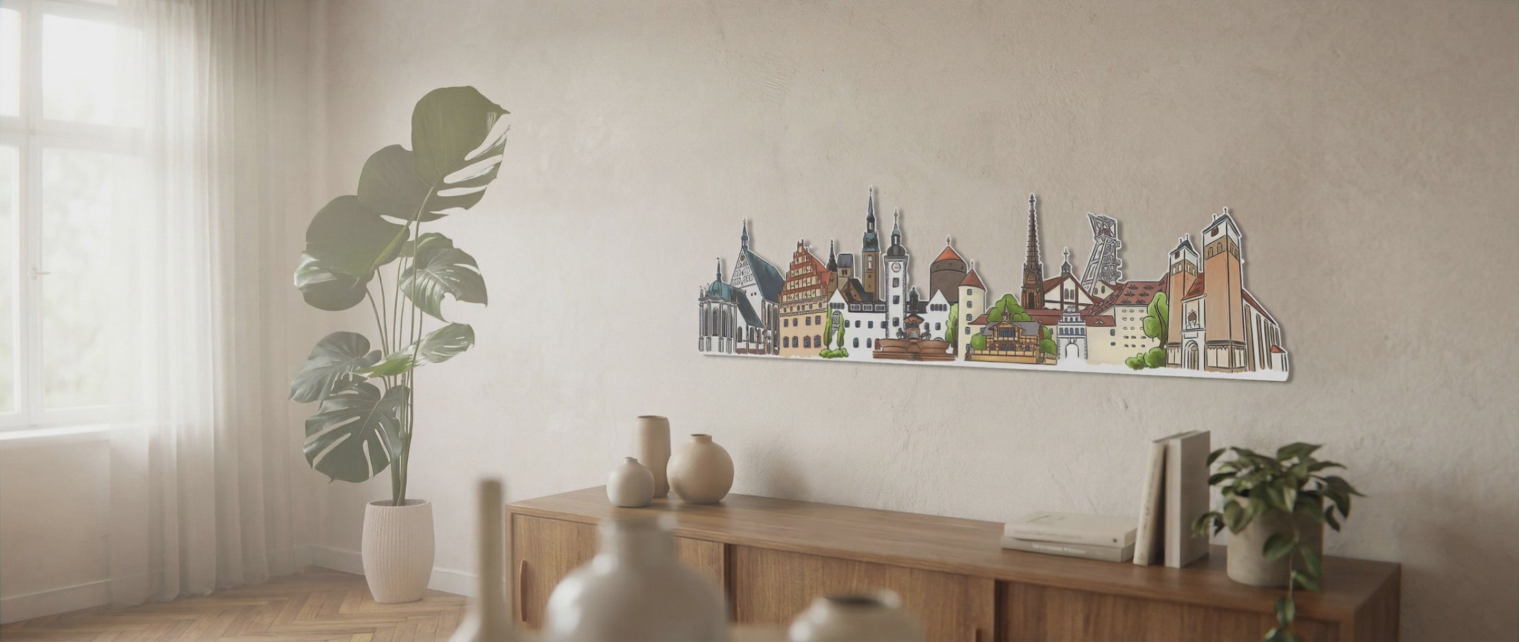 Video laden: KI-generiertes Produktvideo unserer Stadtsilhouette auf konturgefrästen Alu-Dibond