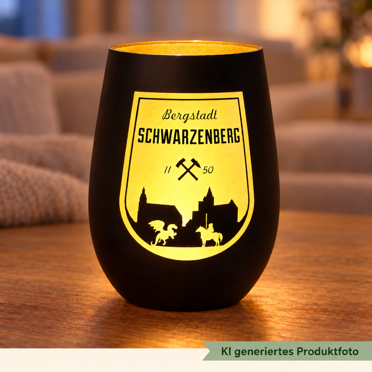 KI-generiertes Produktbild: Windlicht Schwarzenberg in Schwarz/Gold, Ambiente, mit salbeigrünem KI-Hinweis am Bildrand