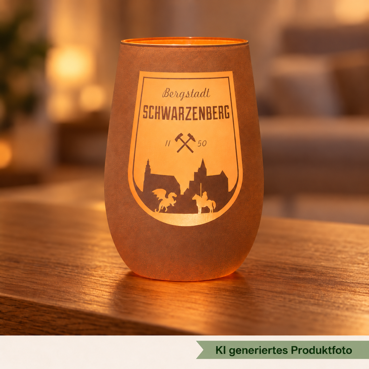 KI-generiertes Produktbild: Windlicht Schwarzenberg in Weiß/Bronze, Ambiente, mit salbeigrünem KI-Hinweis am Bildrand