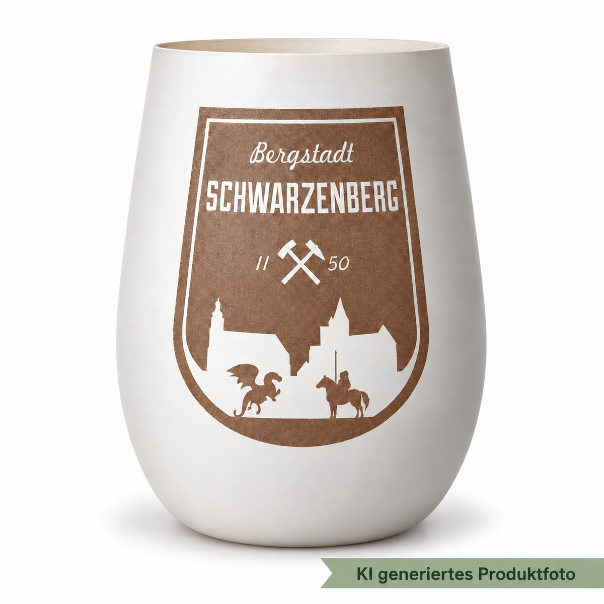 KI-generiertes Produktbild: Windlicht Schwarzenberg in Weiß/Bronze, Studioansicht, mit salbeigrünem KI-Hinweis am Bildrand
