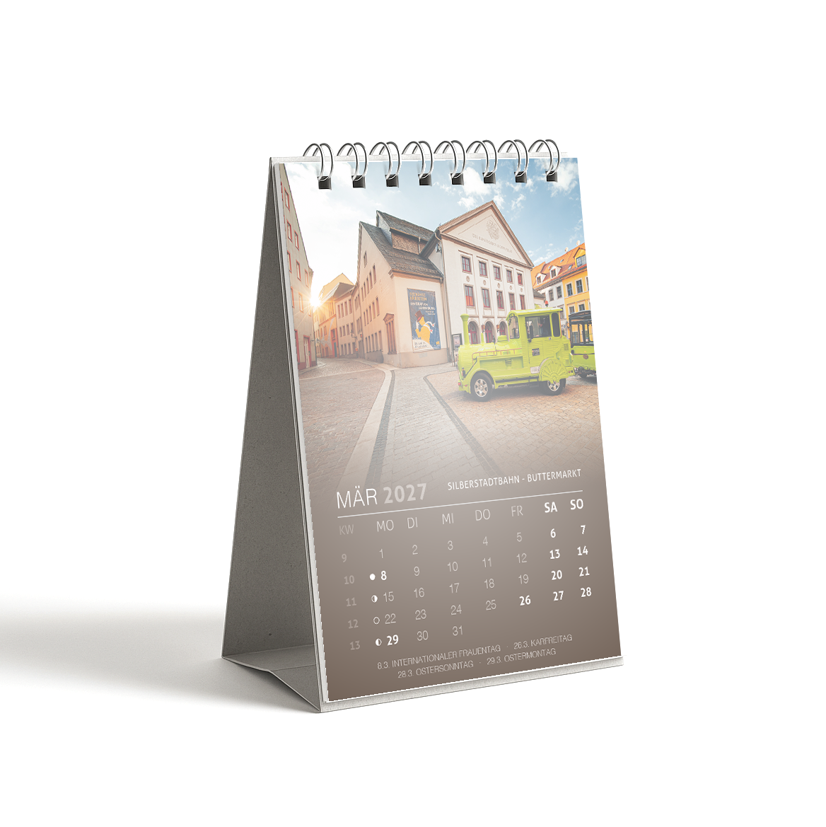 Tischkalender Freiberg 2027 DIN A6 - Maerz: Silberstadtbahn am Buttermarkt