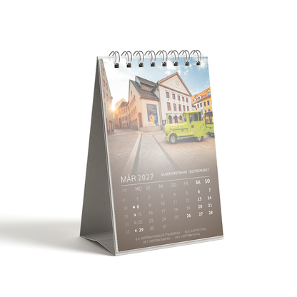 Tischkalender Freiberg 2027 DIN A6 - Maerz: Silberstadtbahn am Buttermarkt