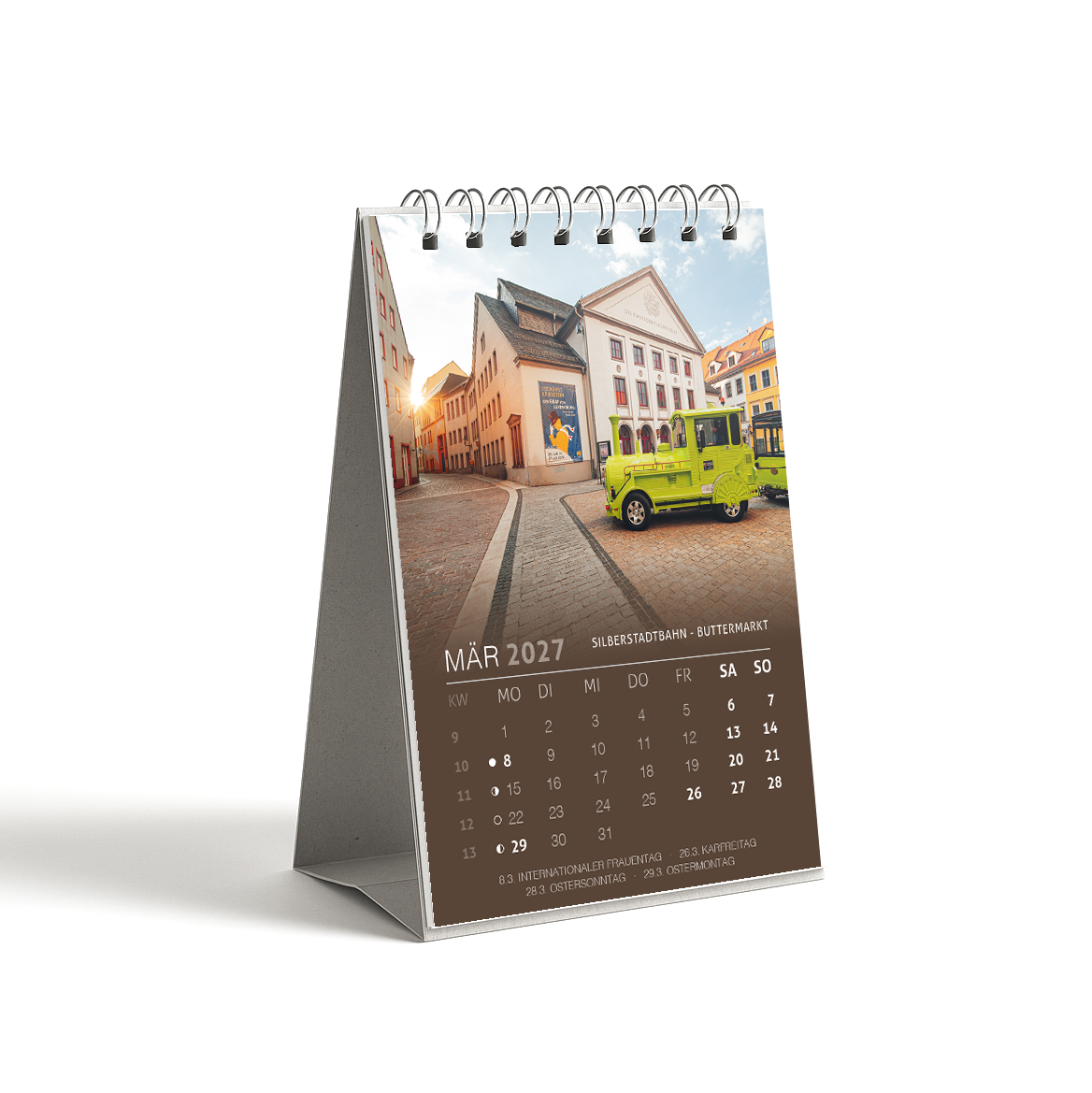 Tischkalender Freiberg 2027 DIN A6 - Maerz: Silberstadtbahn am Buttermarkt