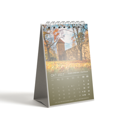 Tischkalender Freiberg 2027 DIN A6 - Oktober: Gelber Loeweturm an der Stadtmauer