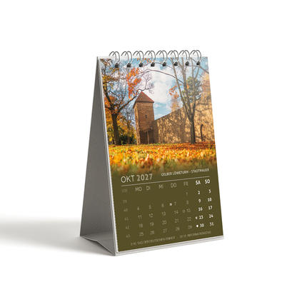 Tischkalender Freiberg 2027 DIN A6 - Oktober: Gelber Loeweturm an der Stadtmauer