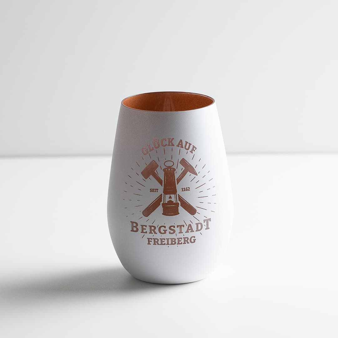 Windlicht Glück Auf Bergstadt in Weiß-Bronze - Grubenlampe mit Schlägel und Eisen